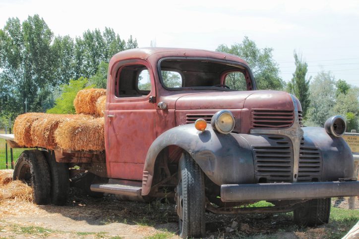 Antique farm truck displayed with hay bales.